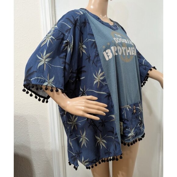 Upcycled Doobie Brothers Kaftan Top Ponch Top Graphic Boho Hippie One Size Blue - Picture 3 of 8